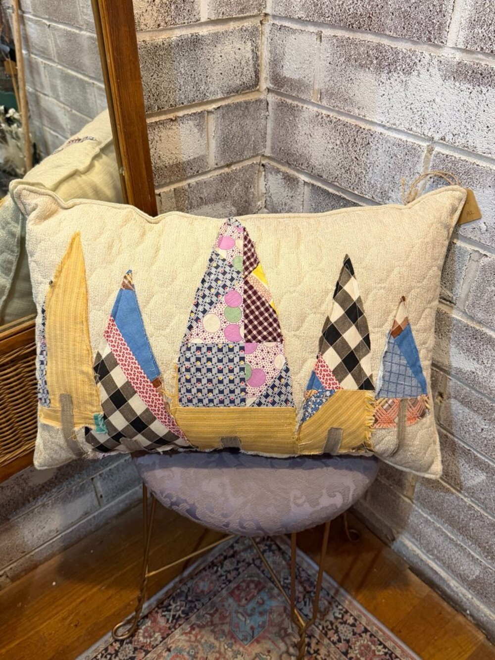 Patchwork Quilted Christmas Tree Pillow Cover Handmade Cottage Decor